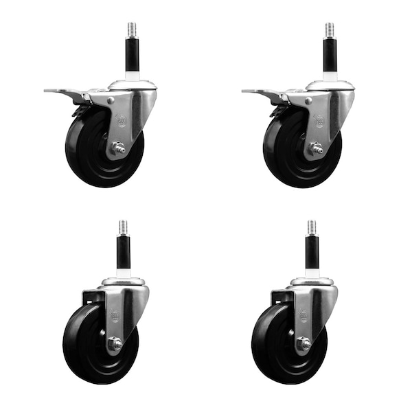 4'' Hard Rubber Swivel 7/8'' Expand Stem Caster Set 2 Total Lock Brakes, 4PK